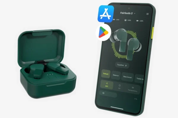 Earbuds nirkabel dengan baterai yang bisa diganti ditampilkan dekat dengan alat bongkar kecil