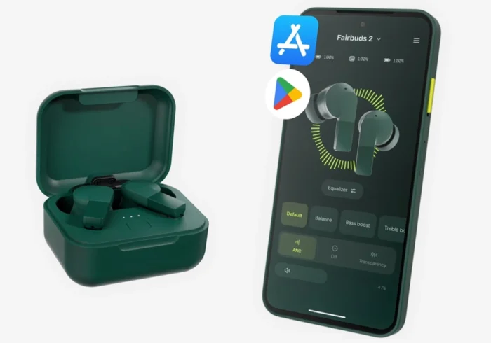 Earbuds nirkabel dengan baterai yang bisa diganti ditampilkan dekat dengan alat bongkar kecil