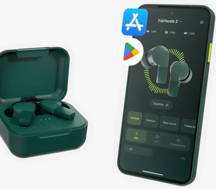 Earbuds nirkabel dengan baterai yang bisa diganti ditampilkan dekat dengan alat bongkar kecil