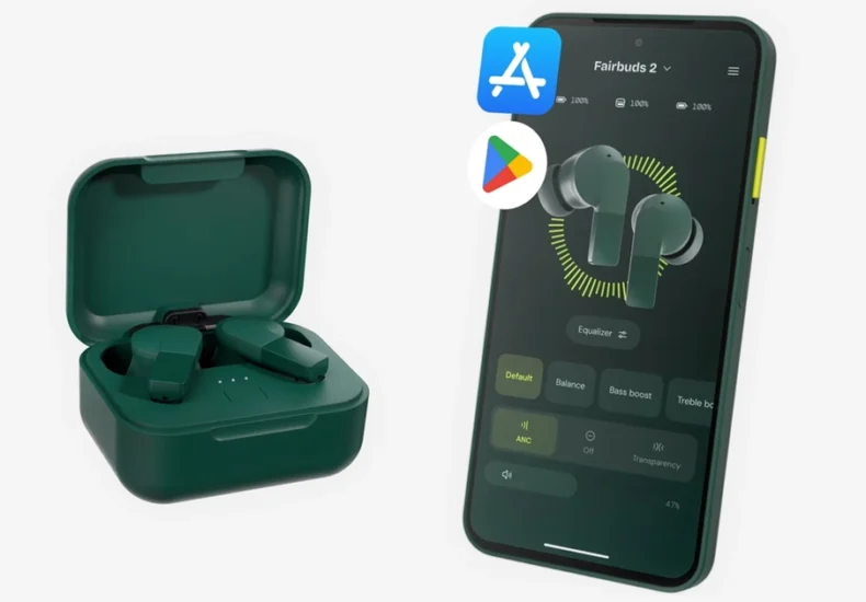 Earbuds nirkabel dengan baterai yang bisa diganti ditampilkan dekat dengan alat bongkar kecil