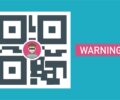 Ilustrasi QR code berbahaya dengan simbol peringatan keamanan