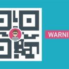 Ilustrasi QR code berbahaya dengan simbol peringatan keamanan