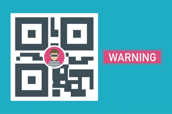 Ilustrasi QR code berbahaya dengan simbol peringatan keamanan