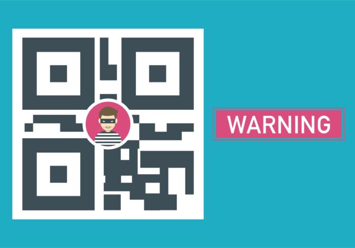 Ilustrasi QR code berbahaya dengan simbol peringatan keamanan
