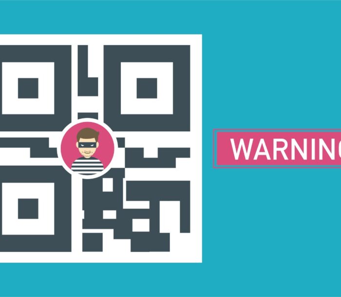 Ilustrasi QR code berbahaya dengan simbol peringatan keamanan